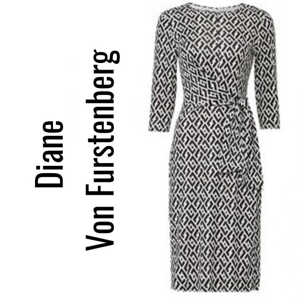 DVF New Julian Silk Jersey Wrap Dress Black White Chain Link Print | Large